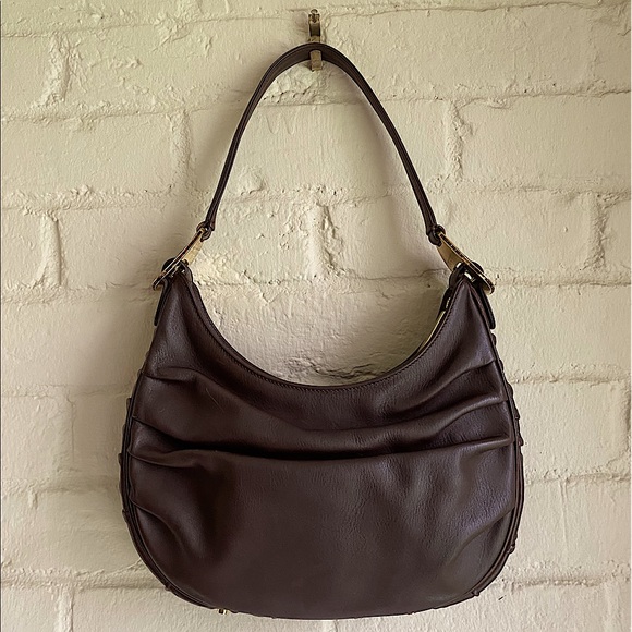 Judith Leiber brown leather vintage shoulder bag hair comb hand mirror